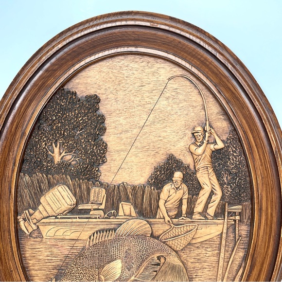 Kim Murray Wood Carving Fishing Scene Wall Plaque 3D - Picture 2 of 12